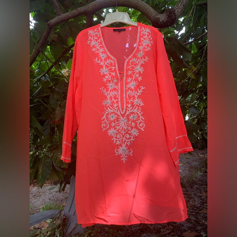 ✨⚡️💥Club Z Collection Beach Coverup Boho Chiffon Sheer Embroidered Top Coral